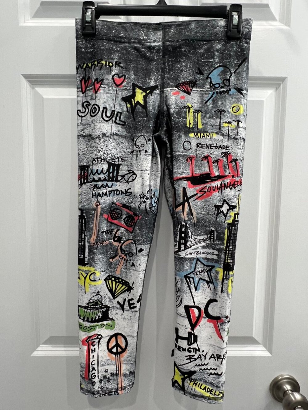 Terez for Soul Cycle cropped leggings (small); black w/pops of bright colors